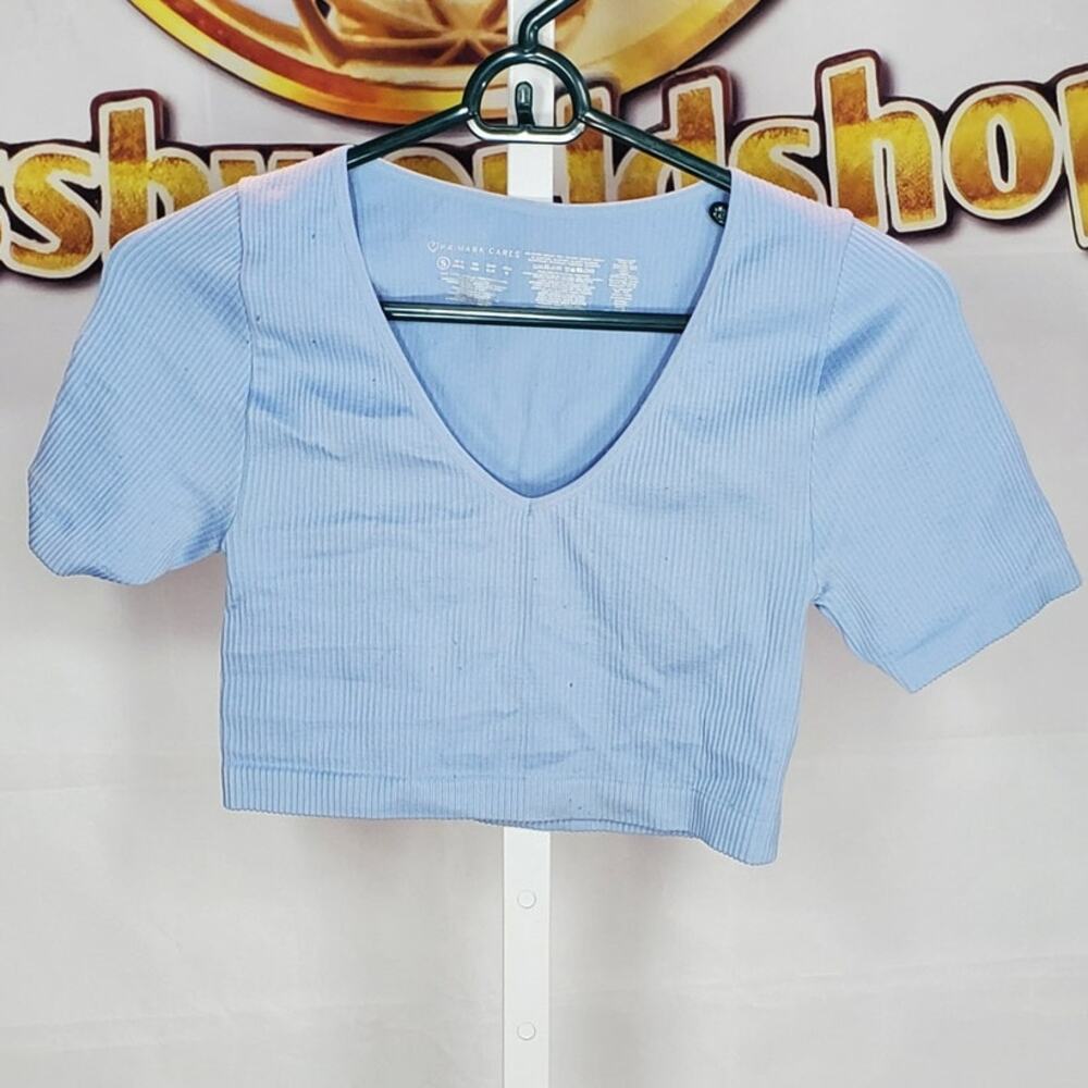 Primark Cares Light Blue Ribbed Crop Top V Neck Size S